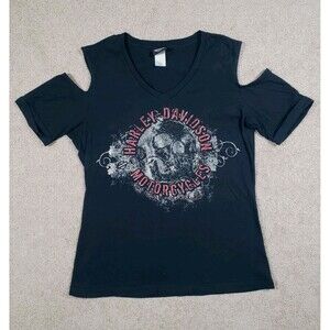 Harley Davidson Montana T-Shirt Skull Blind Cold Shoulder V-Neck Black Large